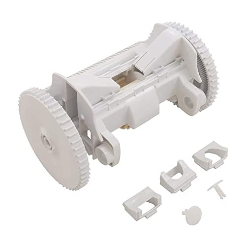 Poolvergnuegen - Disassembled white pool cleaner frame showing gear mechanism, two wheels, and small mounting hardware compon