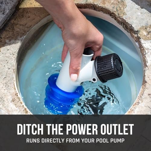 Poolvergnuegen - Hand inserting Hayward pool cleaner suction hose adapter into pool skimmer with ditch the power outlet marke